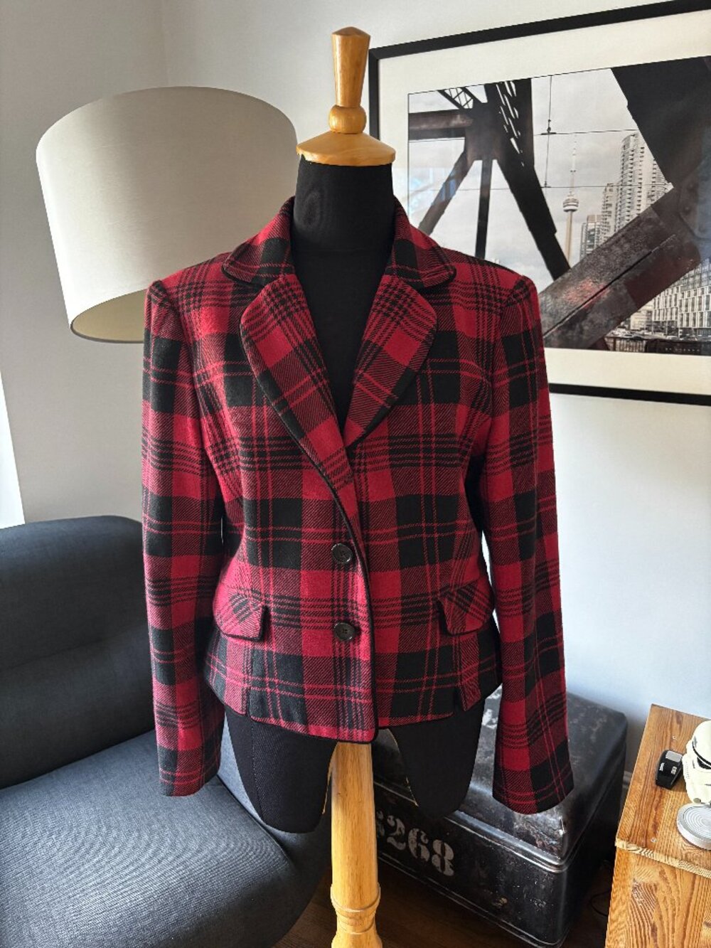 Pink Tartan Red Black Plaid Blazer Jacket w/Contrast Piping Made in Canada Sz 10